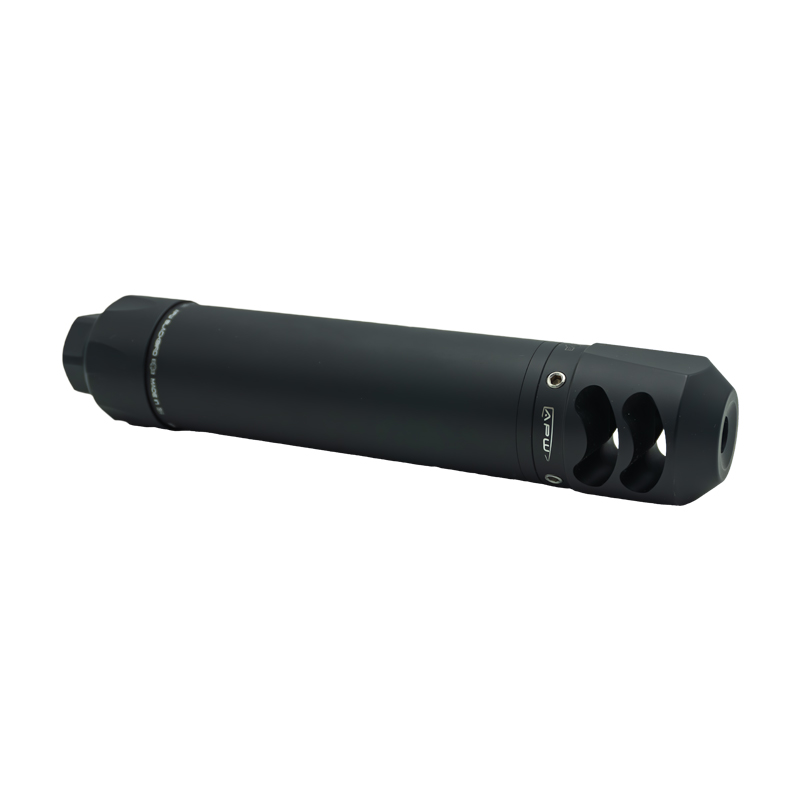 APW Black Bird Short Silencer with Cap and integrated muzzle brake for .204 to .243 calibre rifles, shown in matte black finish at Patriot Gun Shop South Africa.