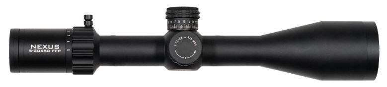 Element Optics Nexus 5-20x50 FFP rifle scope with APR-1C MRAD reticle displayed at Patriot Gun Shop South Africa, showcasing tactical turrets and precision optics.