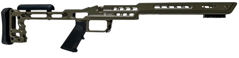 Precision rifle chassis system displayed in full side profile at Patriot Gun Shop South Africa, showing adjustable stock, ergonomic grip, and extended forend design.